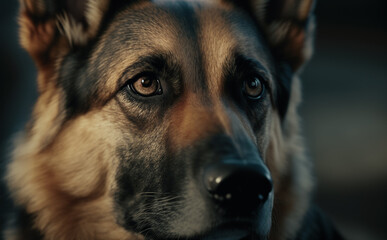 German Sheppard Dog, Close up portrait. Popular as family and guard dog. Shallow field of view. Illustrative Generative AI. 
