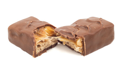 The chocolate bar is broken into two halves. Bar with nuts, nougat and caramel