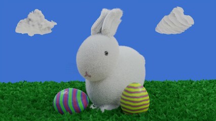 White Rabbit on grass with eggs and clouds