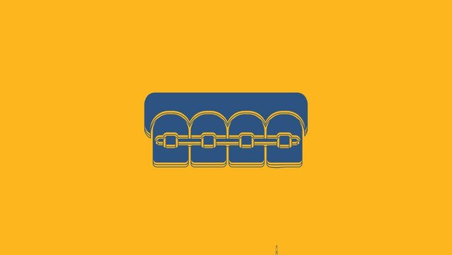 Blue Teeth with braces icon isolated on orange background. Alignment of bite of teeth, dental row with with braces. Dental concept. 4K Video motion graphic animation