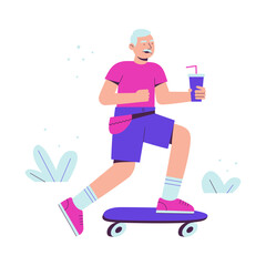 Fashion senior man rides a skateboard with a glass of drink. An elderly man having fun. Active Aging. Flat vector illustration of happy grandfather in shorts and with a beard.