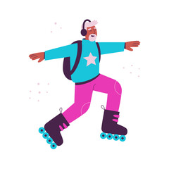 Fashionable senior man rollerblading. The elderly African american black man is having fun. Active aging. Flat vector illustration of happy grandpa on roller skates with backpack and headphones.