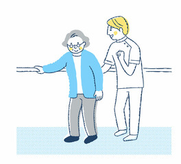 歩行訓練をするシニア女性と介助する男性