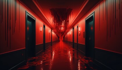 Hotel corridor from the worst nightmare in the night. Generative AI