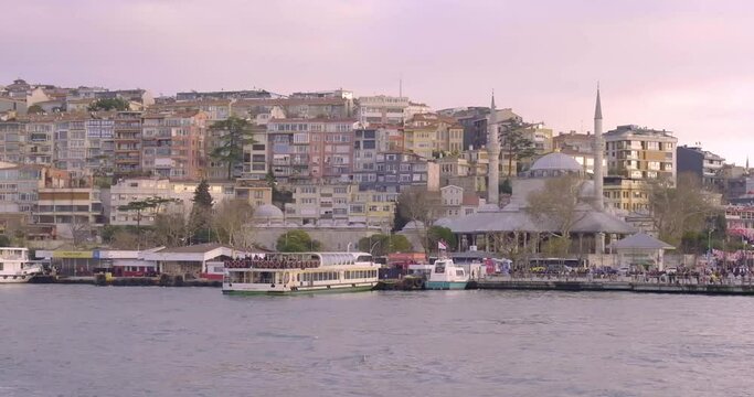 14.12.2022 - Istanbul, Turkey - View of the Uskyudar district and the ferry station. Taken from the ferry.