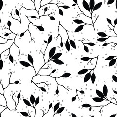 Black and white branches silhouette with buds. Vector illustration of cherry, apple, and Sakura tree branches on the white background. Elegant floral seamless pattern.