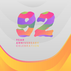 92 Years Annyversary Celebration. Abstract numbers with colorful templates. eps 10.