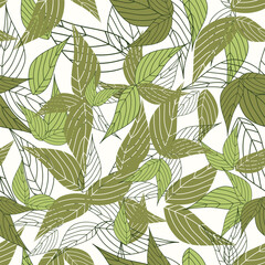 Seamless abstract vector pattern with olive green leaves on light background. Lush exotic hand drawn foliage design is modern and exotic. 