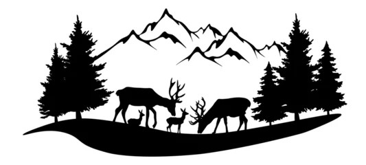 Fototapeten Silhouette of mountains, wild forest woods deer animal and misty fog forest fir trees camping adventure wildlife landscape panorama illustration icon vector for logo, isolated on white background. © Corri Seizinger