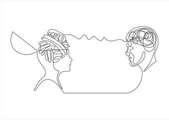 Confused thoughts and clear thoughts concept. Continuous line drawing of two people with a conditional image of mind in the form of a tangled ball and an even one. Vector illustration.