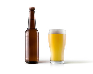 Blonde Beer Glass and bottle isolated on white background