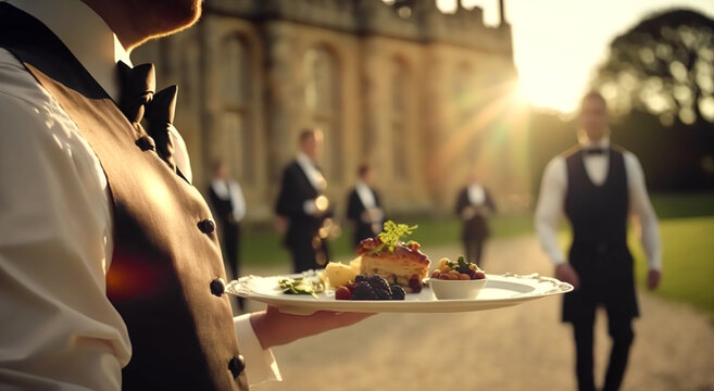 Luxury food service, appetisers and desserts served by a waiter at a wedding celebration or formal event in classic English style at luxurious hotel or estate. Generative AI.