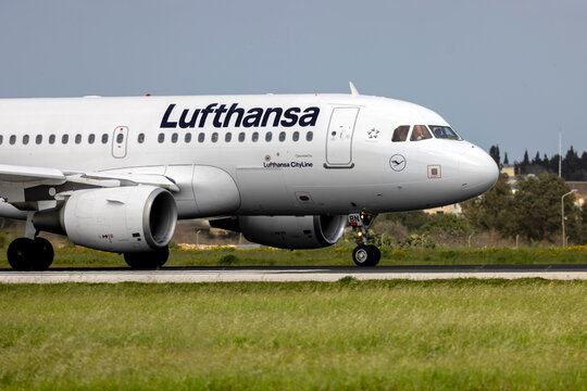 Luqa, Malta - February 26, 2023: Lufthansa (Lufthansa CityLine) Airbus A319-112 (REG: D-AIBN) on its return back to Frankfurt.
