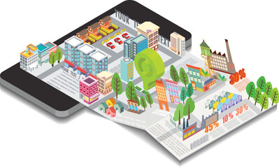 Digital brochure, City map on mobile application, Vector illustration.
