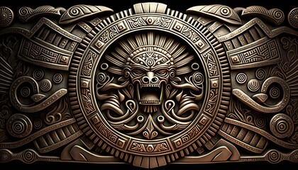 Fototapeta na wymiar Ancient Mayan Aztec Background / Banner / Wallpaper - Skull and Metal Ornaments - Generative Ai Illustration 