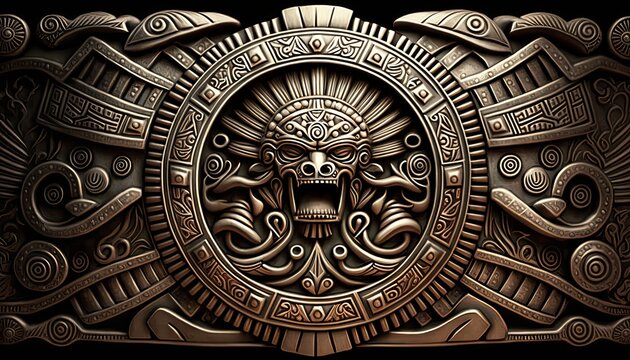 Ancient Mayan Aztec Background / Banner / Wallpaper - Skull and Metal Ornaments -  Generative Ai Illustration 