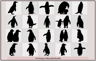 Fototapeta na wymiar Penguins Silhouette Set,cute penguin silhouette vector design illustration,Vector illustration of a black silhouette of a penguin.,