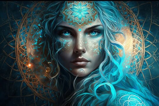 Spiritual Princess with Turquoise Neon Mandala on her 3rd eye Chakra - Elegant Blue Neon Abstract Generative Ai Illustration 