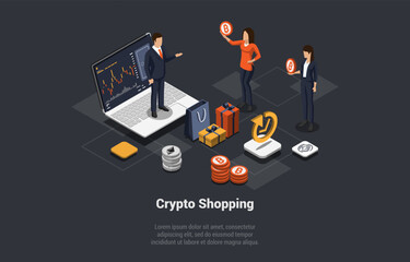 Blockchain Technology, Bitcoin, Altcoins And Trade By Cryptocurrency. Male And Female Characters Man And Woman Buy Goods And Services Online Pay By Crypto. Isometric 3d Cartoon Vector Illustration