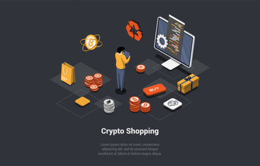 Blockchain Technology, Bitcoin, Altcoins And Shopping With Cryptocurrency. Male Character Man Buy Goods And Services Online Paying By Crypto On Tablet And Computer. Isometric 3d Vector Illustration
