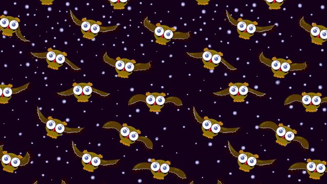 Owl cartoon brown characters wallpaper flying on dark background. Cute children animation good as backdrop for intro, party, television programme, presentation, etc... Seamless loop