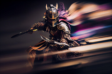 Futuristic samurai at high speed at night with motion blur background. Generative AI technology.