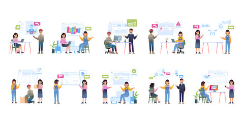 Multiple set of productive people working in office. vector flat style illustration.