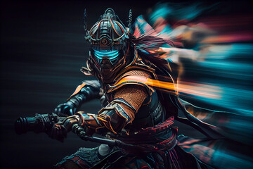 Futuristic samurai at high speed at night with motion blur background. Generative AI technology.