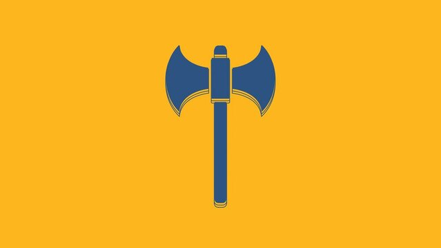 Blue Medieval axe icon isolated on orange background. Battle axe, executioner axe. 4K Video motion graphic animation