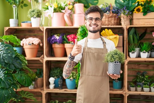 Young hispanic man with tattoos working at florist shop holding plant smiling happy and positive, thumb up doing excellent and approval sign