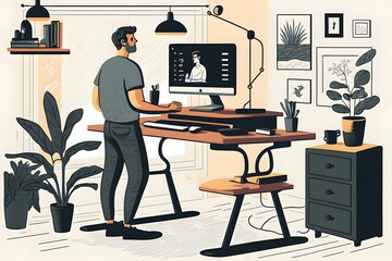 An illustration of a person wokring with a standing desk