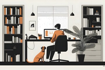 An illustration of a person working from home with a pet