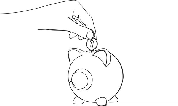 continuous single line drawing of hand inserting coin into piggy bank, saving money line art vector illustration