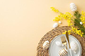 Easter decorations concept. Top view photo of plates cutlery knife fork white and gold easter eggs on rattan serving mat and mimosa flowers on isolated pastel beige background with copyspace