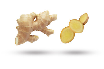 Flying ginger root with slices collection isolated on white background.