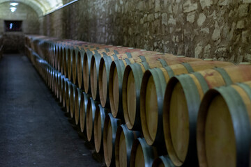 Old french oak wooden barrels in cellars for wine aging process, wine making in La Rioja region, Spain