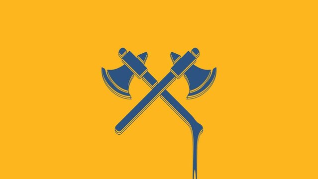 Blue Crossed medieval axes icon isolated on orange background. Battle axe, executioner axe. 4K Video motion graphic animation