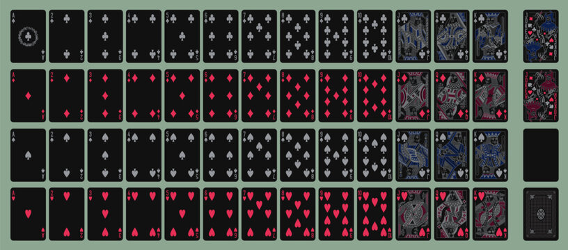 Black playing printable vector cards for gambling (poker, bridge), deck of 52 cards. Silhouette a portrait of the King, Queen, Jack and Joker and 4 suits spades, hearts, diamonds, clubs.