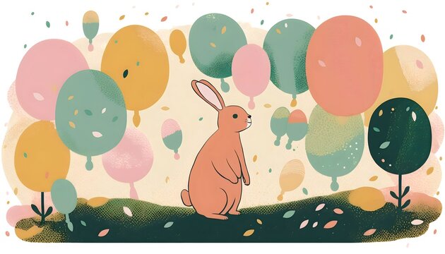 illustration of a big bunny in a green filled with easter eggs, Generative AI