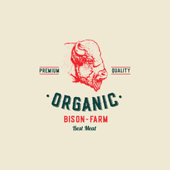 Buffalo Meat Farm Retro Badge Logo Template. Hand Drawn Bison Face Sketch with Retro Typography. Vintage Bull Steaks Sketch Emblem. Isolated