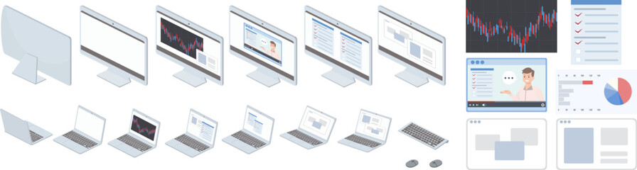 アイソメトリック図法で描いたパソコンのイラストセット（ベクター ）