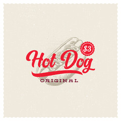 Hand drawn logo hot dog silhouette and modern vintage typography retro style vector illustration. Sausage label for fast food packaging and restaurant menu decoration.