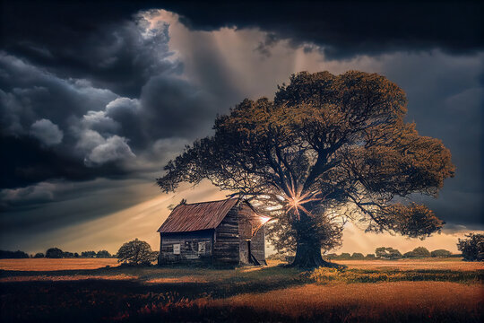 barn on a farm against the backdrop of an approaching storm. Generative AI, Generative, AI