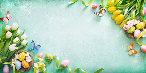 Easter background. Colorful spring tulips with butterflies and painted eggs