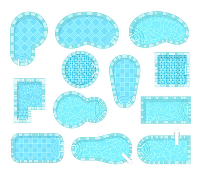 Swimming Pool Top View Square Rectangle Oval Circle Curved Blue Aqua Reflection Set Vector Flat