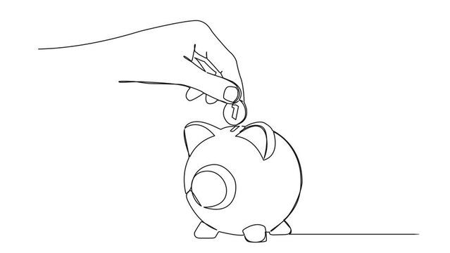 animated continuous single line drawing of hand inserting coin into piggy bank, saving money line art animation