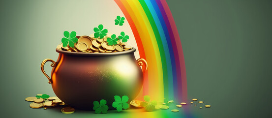 Banner with Pot of gold coins clover leaves and rainbow generative ai