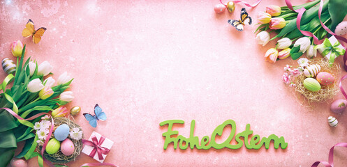 Easter background. Colorful spring tulips with butterflies and painted eggs