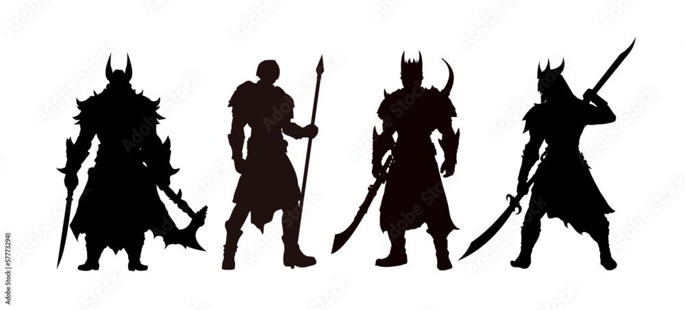 Wall mural Set of fantasy warriors silhouettes. RPG characters, armed knight