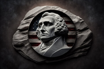 founding father of usa carved in stone with american flag. Generative AI - obrazy, fototapety, plakaty
